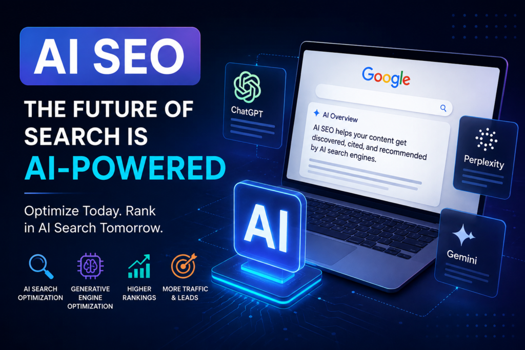 AI SEO illustration showing Google AI Overviews, ChatGPT, Gemini, and Perplexity with AI-powered search optimization concepts.