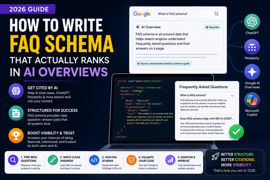 Illustration of FAQ Schema markup helping websites rank in Google AI Overviews, ChatGPT Search, and AI search engines.