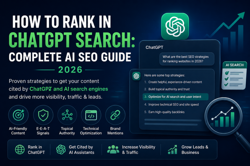 Illustration showing how to rank in ChatGPT Search with AI SEO strategies, including E-E-A-T, topical authority, technical SEO, AI-friendly content, and search visibility in 2026.