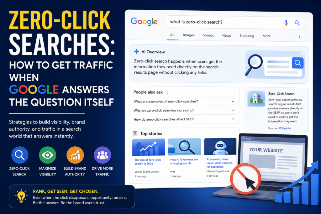 Infographic illustrating zero-click searches with Google AI Overview, featured snippets, and strategies to increase traffic, brand visibility, and SEO performance in 2026.