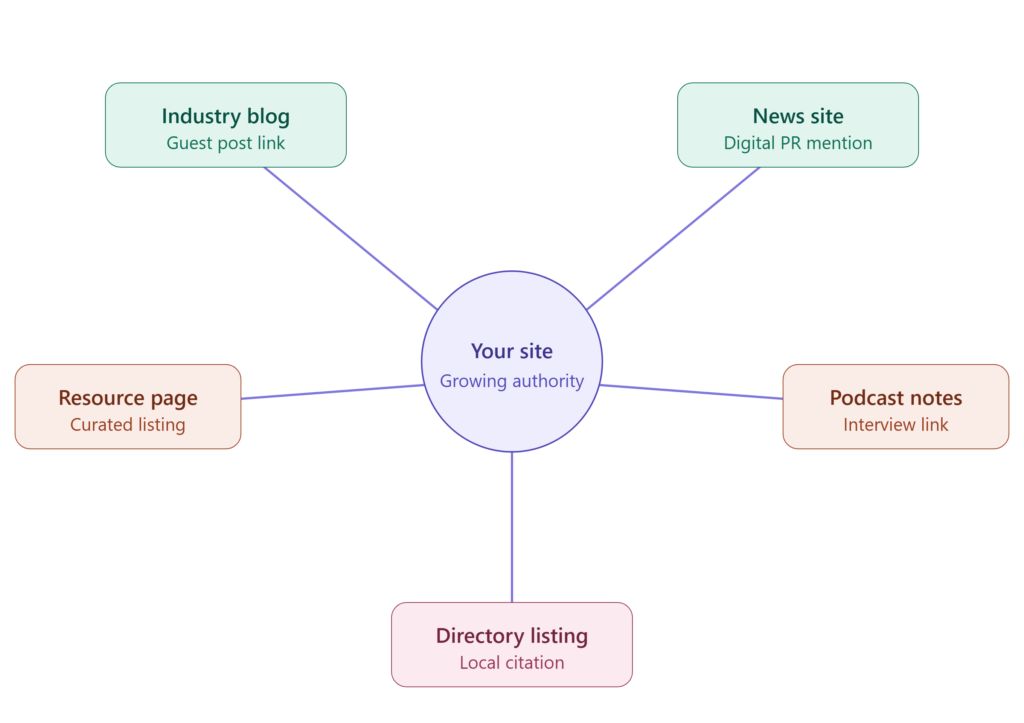 Diagram of off-page SEO link building showing a website earning backlinks from guest posts, PR mentions, resource pages, podcasts, and directories