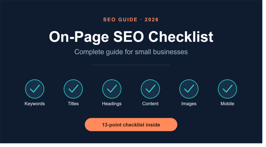 On-page SEO checklist banner covering keywords, titles, headings, content, images, and mobile optimization for small businesses in 2026